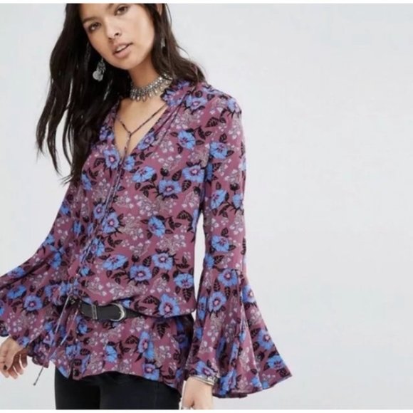 Free People Purple Floral Boho Tunic Mini Dress XS - Picture 4 of 7